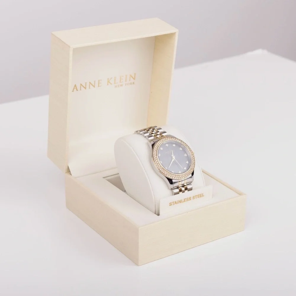 Anne Klein 12/7743BMTT Black MOP Crystal Two-Tone Stainless Steel Watch
